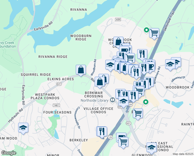 map of restaurants, bars, coffee shops, grocery stores, and more near 555 Station Lane in Charlottesville