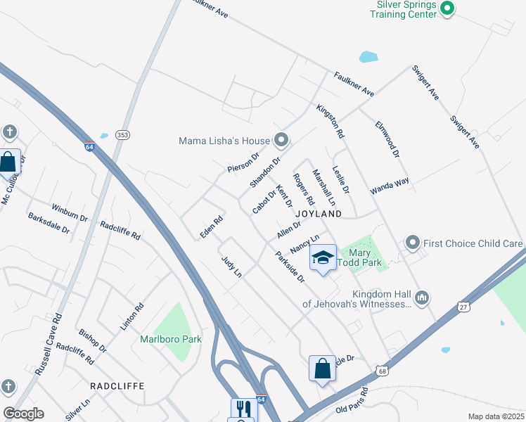 map of restaurants, bars, coffee shops, grocery stores, and more near 2304 Cabot Drive in Lexington