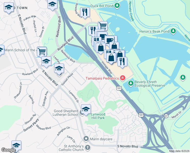 map of restaurants, bars, coffee shops, grocery stores, and more near 1259 Royal Oak Terrace in Novato