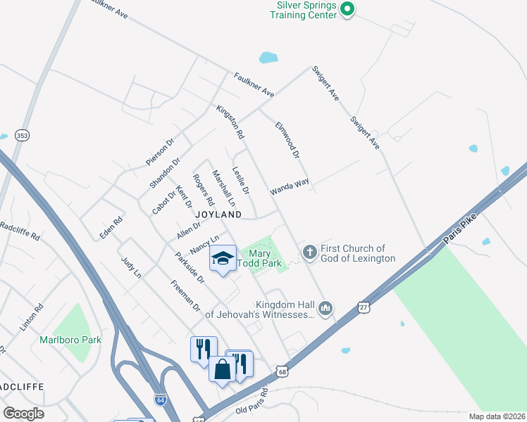 map of restaurants, bars, coffee shops, grocery stores, and more near 2387 Allen Drive in Lexington