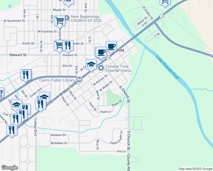 map of restaurants, bars, coffee shops, grocery stores, and more near South Jessup Street in Carmi