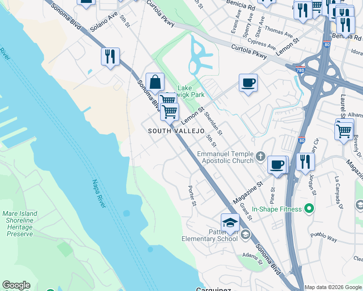 map of restaurants, bars, coffee shops, grocery stores, and more near 560 Winchester Street in Vallejo