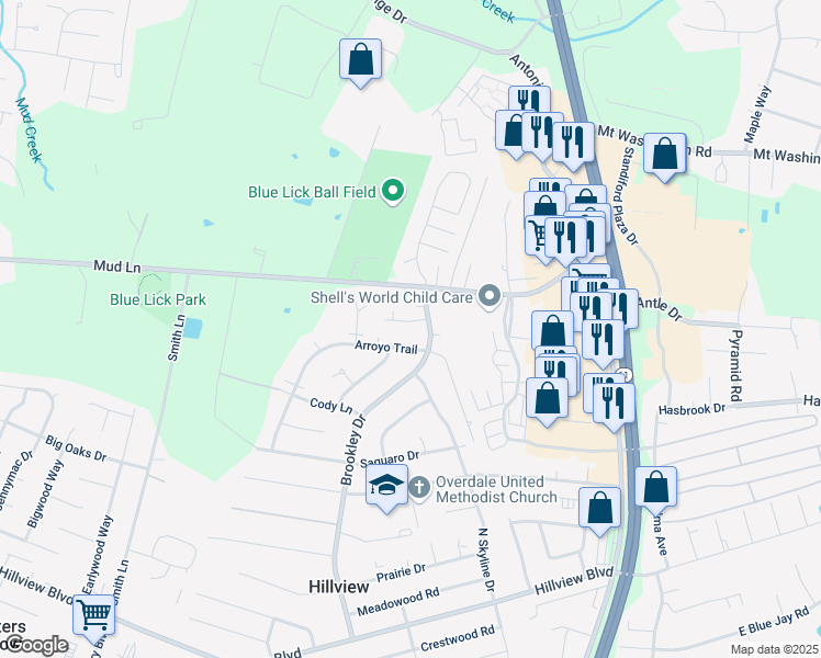 map of restaurants, bars, coffee shops, grocery stores, and more near 11216 Brookley Drive in Louisville