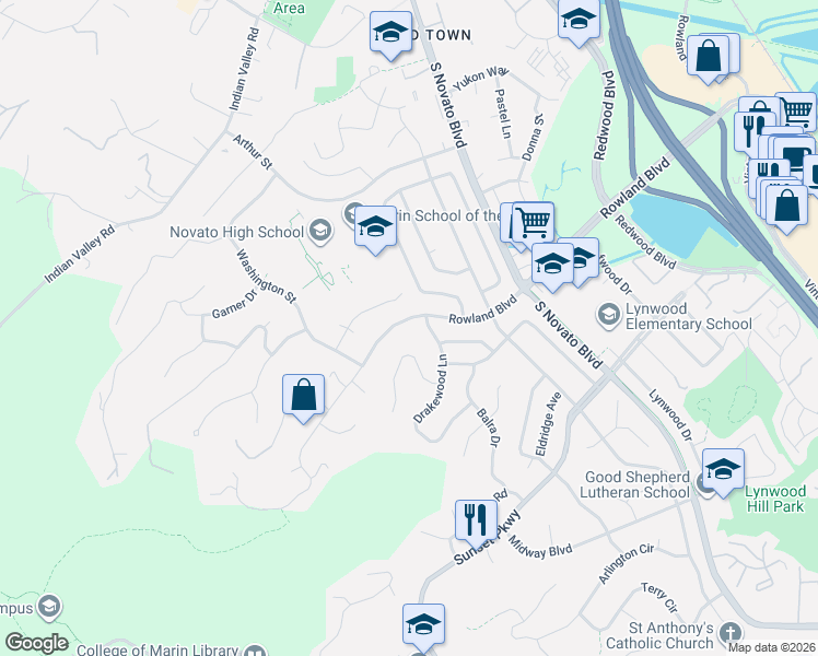map of restaurants, bars, coffee shops, grocery stores, and more near 609 Rowland Boulevard in Novato