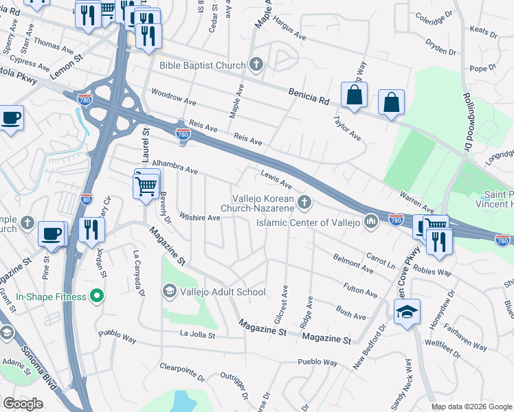 map of restaurants, bars, coffee shops, grocery stores, and more near 418 Ladera Drive in Vallejo