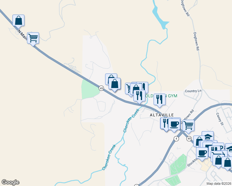 map of restaurants, bars, coffee shops, grocery stores, and more near 520 N Main St in Angels Camp