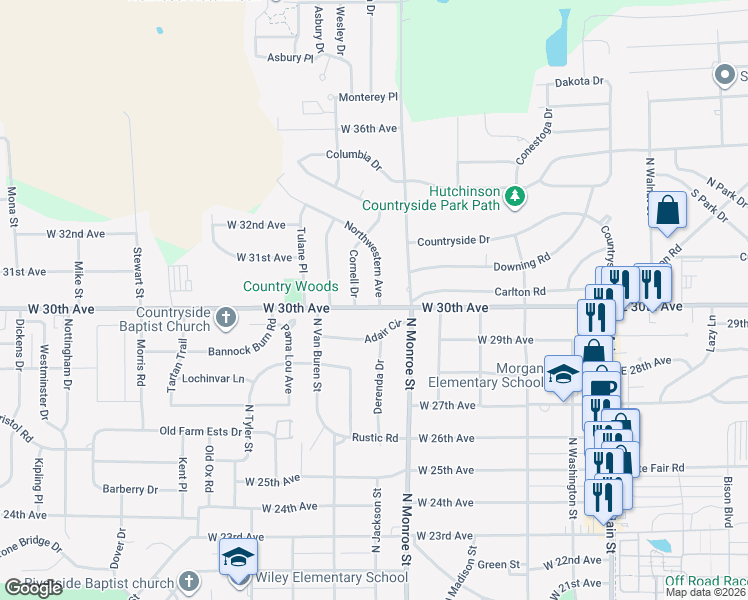 map of restaurants, bars, coffee shops, grocery stores, and more near 574-638 W 30th Ave in Hutchinson