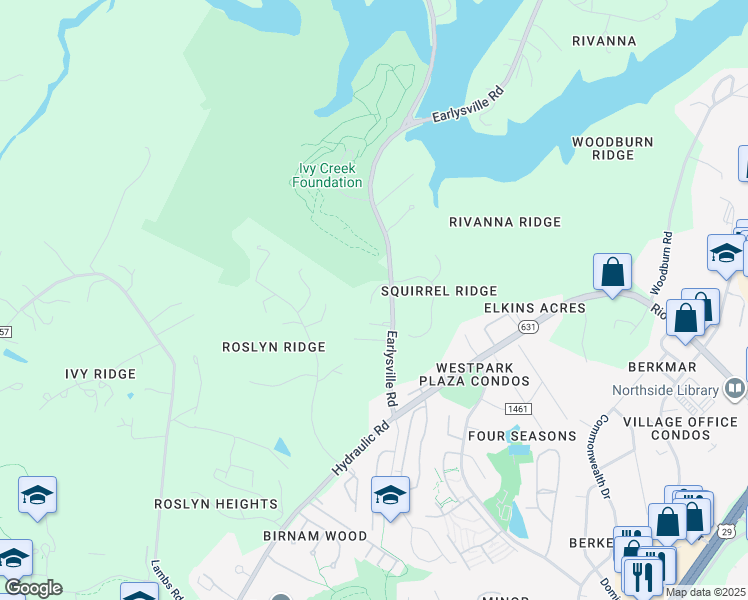 map of restaurants, bars, coffee shops, grocery stores, and more near 1702 Earlysville Road in Charlottesville