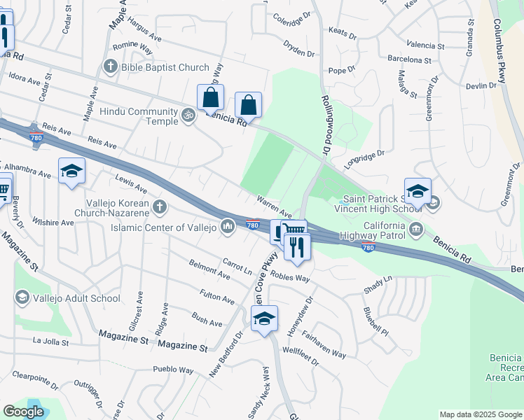 map of restaurants, bars, coffee shops, grocery stores, and more near 1225 Warren Avenue in Vallejo