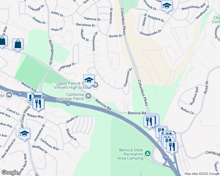 map of restaurants, bars, coffee shops, grocery stores, and more near 331 Greenmont Drive in Vallejo