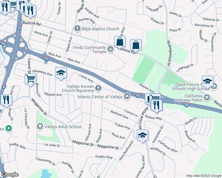 map of restaurants, bars, coffee shops, grocery stores, and more near 1146 Lewis Avenue in Vallejo