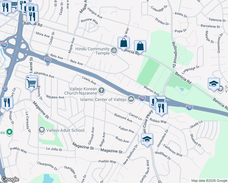 map of restaurants, bars, coffee shops, grocery stores, and more near 1146 Lewis Avenue in Vallejo