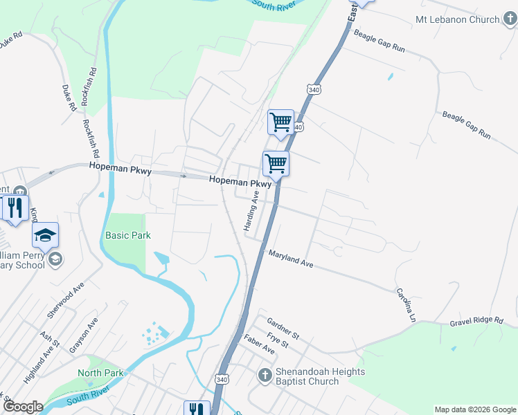 map of restaurants, bars, coffee shops, grocery stores, and more near 1443-1447 N Delphine Ave in Waynesboro