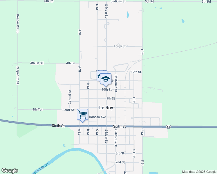 map of restaurants, bars, coffee shops, grocery stores, and more near 1010 South Main Street in Le Roy