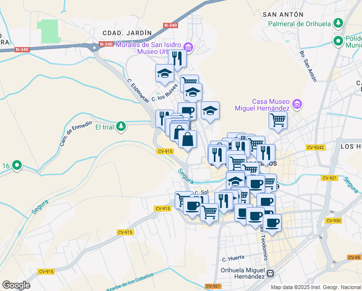 map of restaurants, bars, coffee shops, grocery stores, and more near 2 Calle Obispo Victorio Oliver in Orihuela