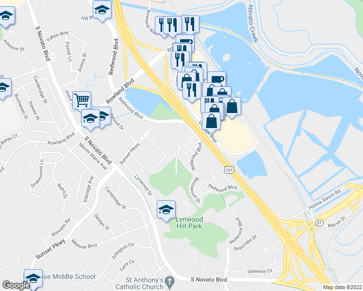 map of restaurants, bars, coffee shops, grocery stores, and more near 10 Park Crest Court in Novato