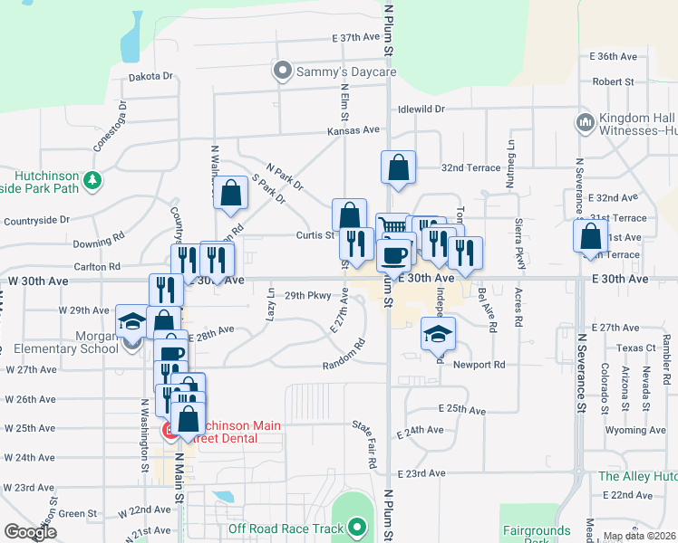 map of restaurants, bars, coffee shops, grocery stores, and more near 324 East 30th Avenue in Hutchinson