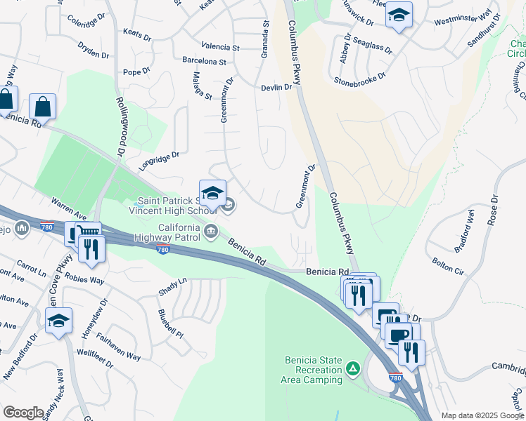 map of restaurants, bars, coffee shops, grocery stores, and more near 331 Greenmont Drive in Vallejo