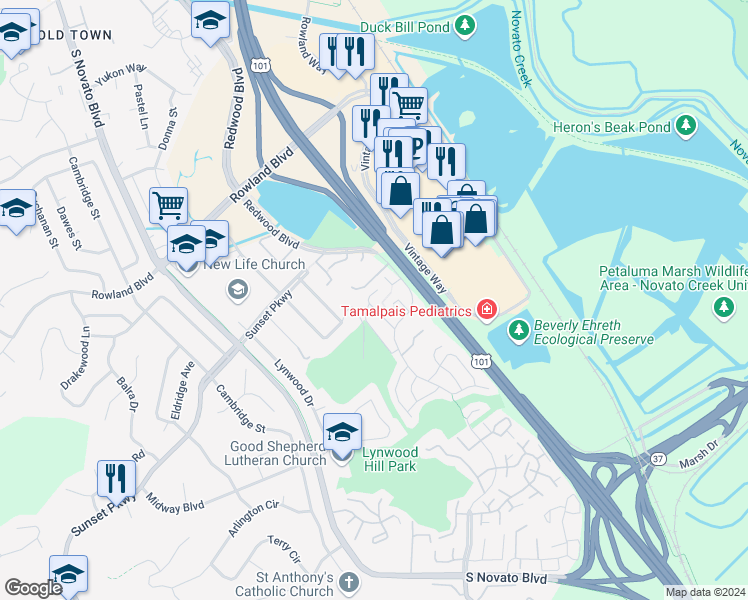 map of restaurants, bars, coffee shops, grocery stores, and more near 1259 Royal Oak Terrace in Novato