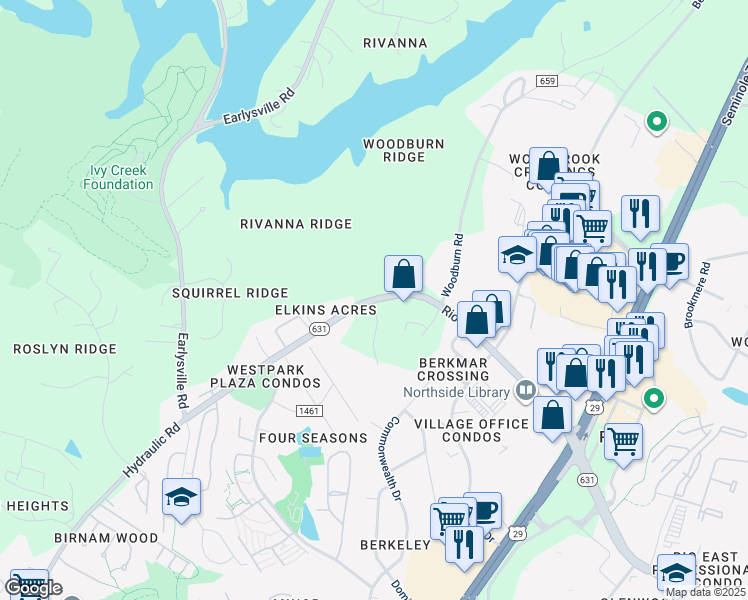 map of restaurants, bars, coffee shops, grocery stores, and more near in Albemarle County