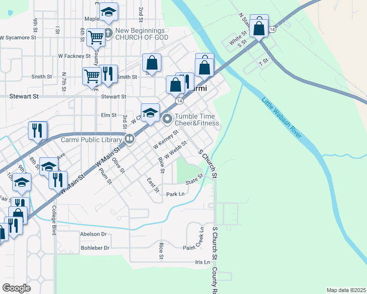 map of restaurants, bars, coffee shops, grocery stores, and more near South Jessup Street in Carmi