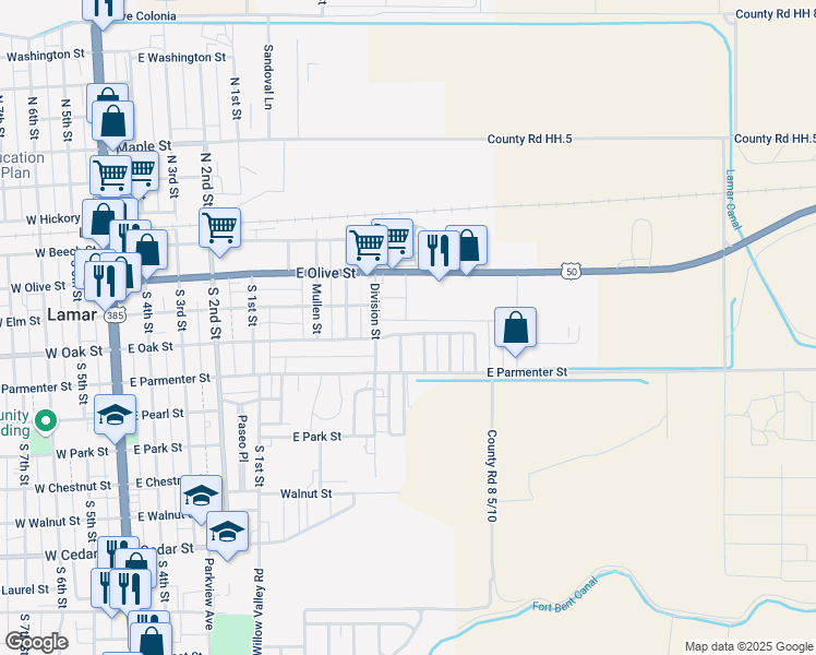 map of restaurants, bars, coffee shops, grocery stores, and more near 802 East Oak Street in Lamar
