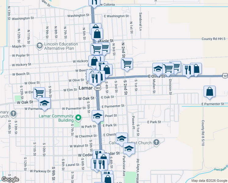 map of restaurants, bars, coffee shops, grocery stores, and more near 304 South 3rd Street in Lamar