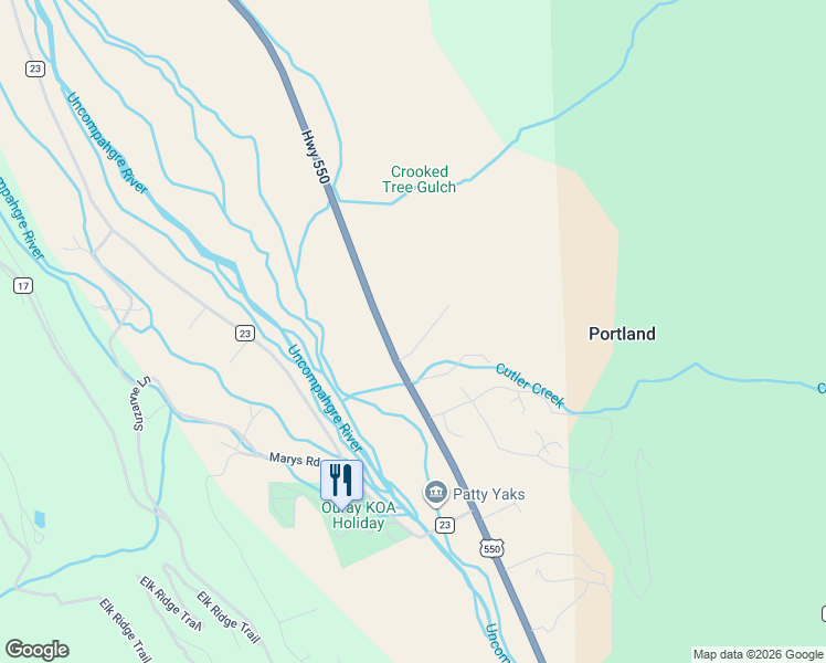 map of restaurants, bars, coffee shops, grocery stores, and more near 104 Cutler Creek Drive in Ridgway