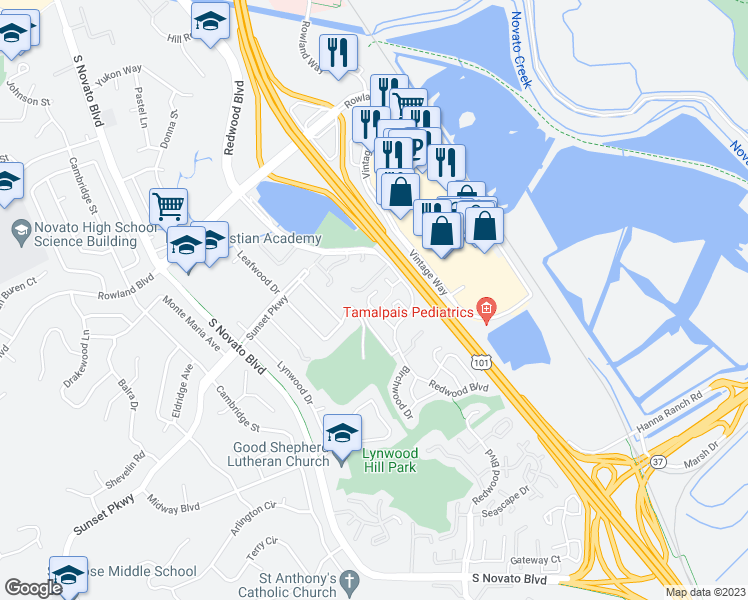map of restaurants, bars, coffee shops, grocery stores, and more near 10 Park Crest Court in Novato