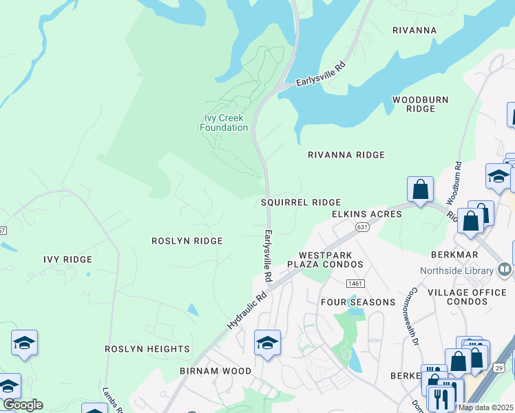 map of restaurants, bars, coffee shops, grocery stores, and more near 1702 Earlysville Road in Charlottesville