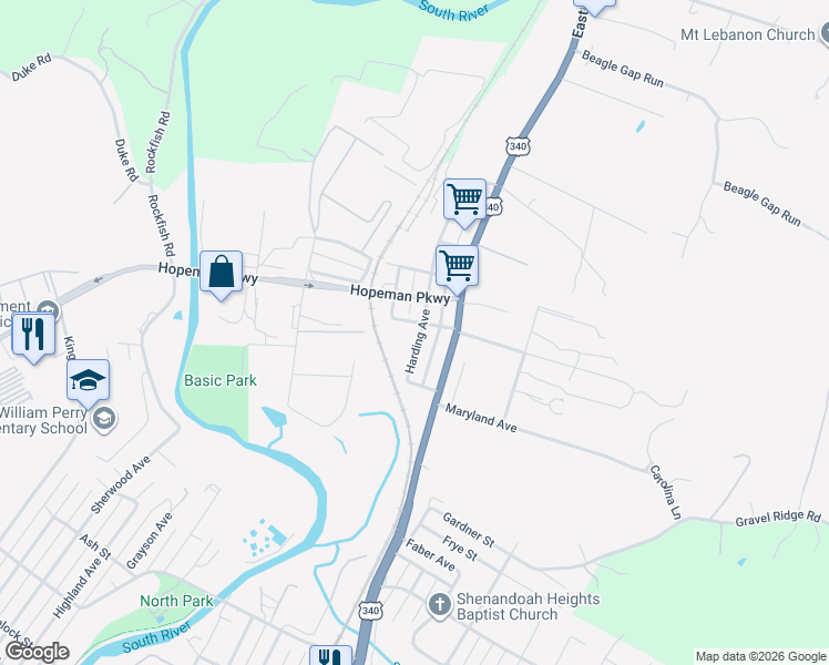 map of restaurants, bars, coffee shops, grocery stores, and more near 1429 Harding Avenue in Waynesboro