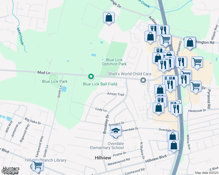 map of restaurants, bars, coffee shops, grocery stores, and more near 11207 Paloma Court in Louisville