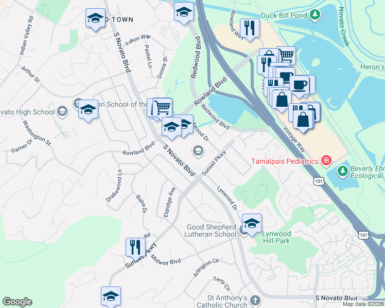 map of restaurants, bars, coffee shops, grocery stores, and more near 1320 Lynwood Drive in Novato