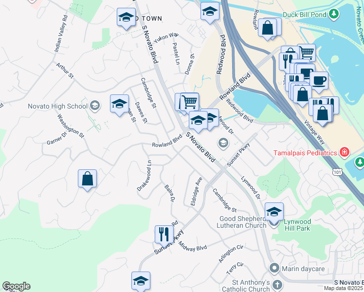 map of restaurants, bars, coffee shops, grocery stores, and more near 1359 Monte Maria Avenue in Novato