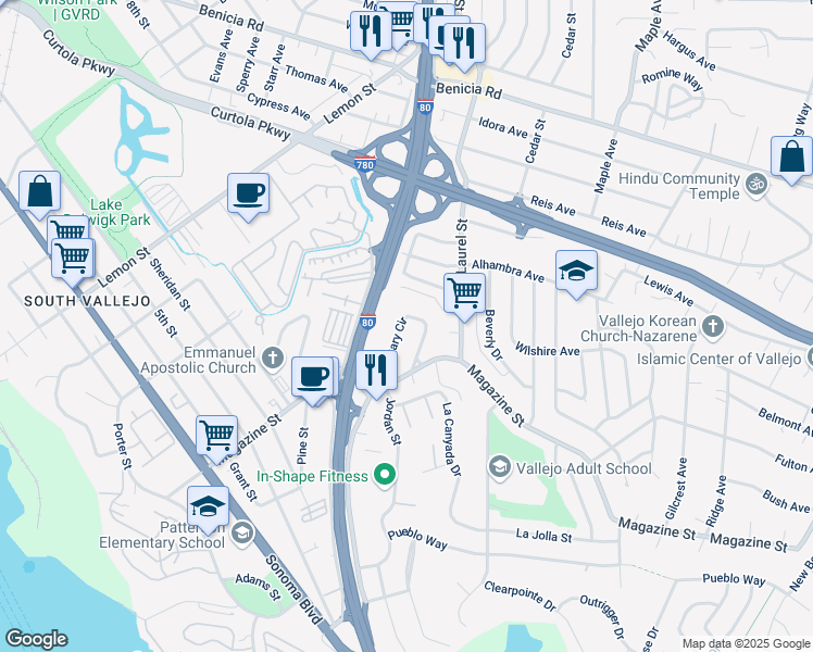 map of restaurants, bars, coffee shops, grocery stores, and more near 152 Gary Circle in Vallejo