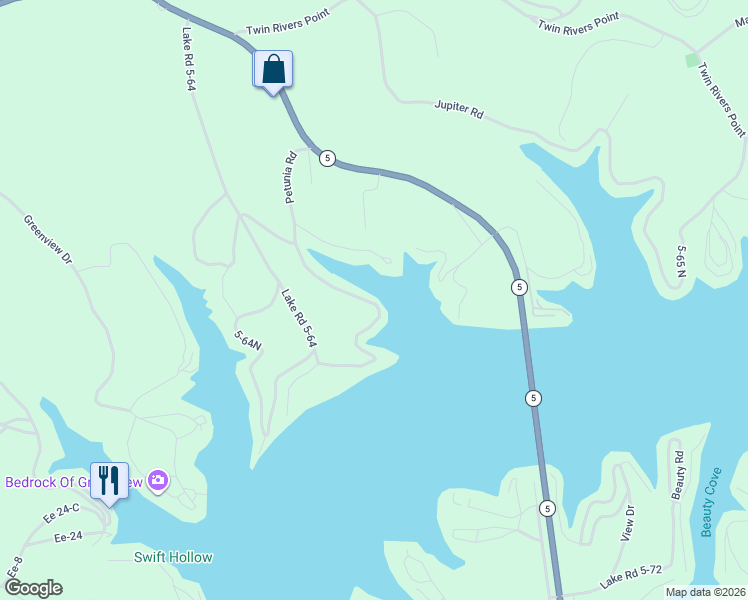 map of restaurants, bars, coffee shops, grocery stores, and more near Lake Road 5-66 in Camdenton
