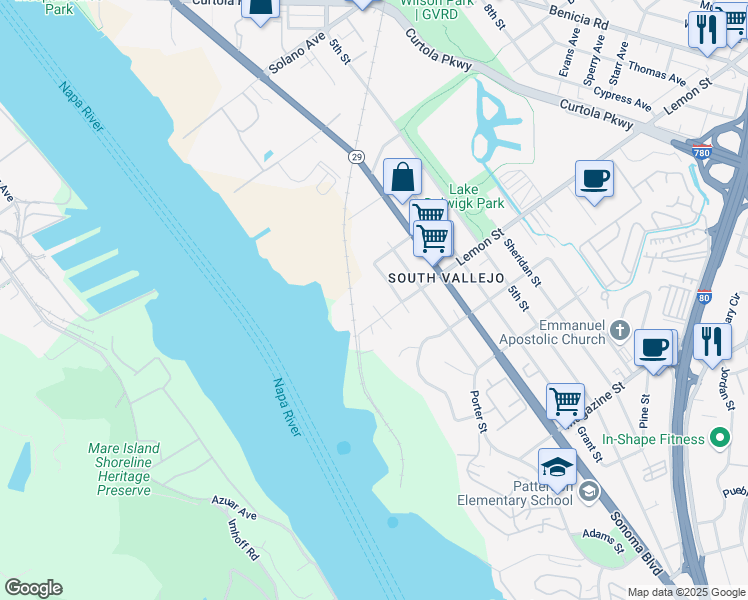 map of restaurants, bars, coffee shops, grocery stores, and more near 536 Alden Street in Vallejo
