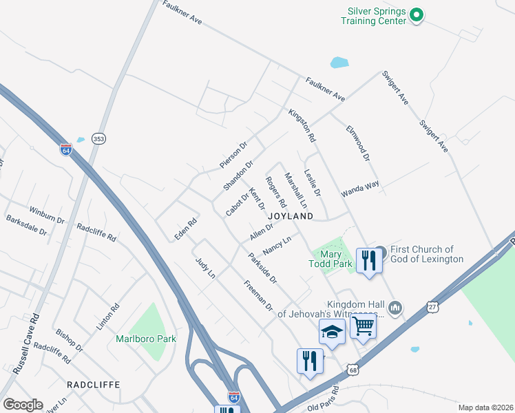 map of restaurants, bars, coffee shops, grocery stores, and more near 605 Allen Court in Lexington
