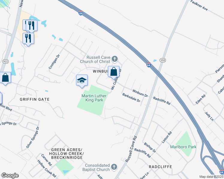 map of restaurants, bars, coffee shops, grocery stores, and more near McCullough Drive in Lexington
