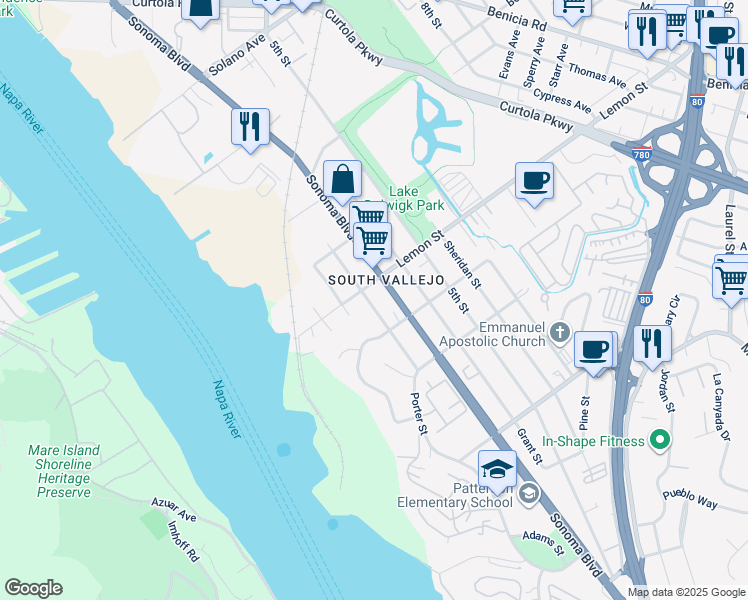 map of restaurants, bars, coffee shops, grocery stores, and more near 631 Porter Street in Vallejo