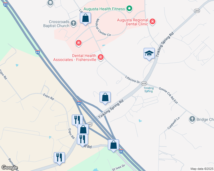 map of restaurants, bars, coffee shops, grocery stores, and more near 73 Pinnacle Drive in Fishersville