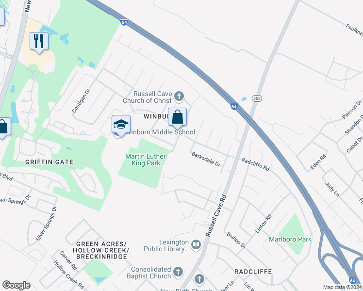 map of restaurants, bars, coffee shops, grocery stores, and more near 1831 Barksdale Drive in Lexington