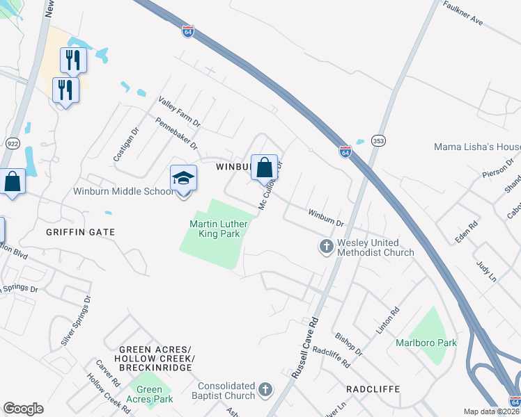 map of restaurants, bars, coffee shops, grocery stores, and more near 1701 Mc Cullough Drive in Lexington