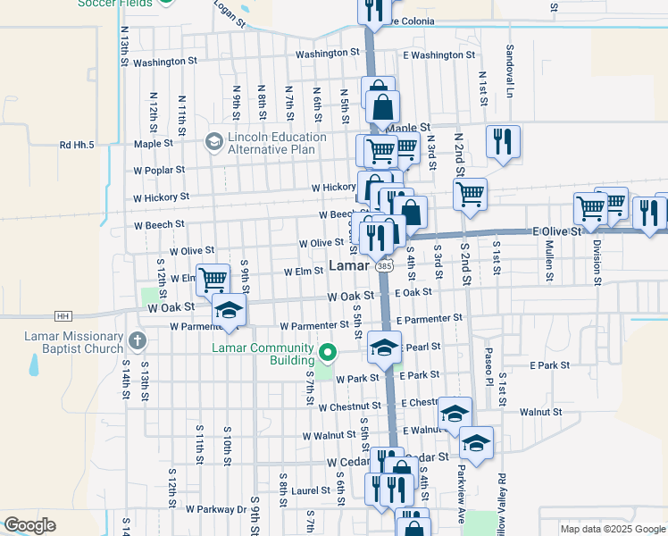 map of restaurants, bars, coffee shops, grocery stores, and more near in Lamar