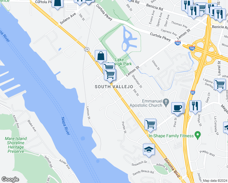 map of restaurants, bars, coffee shops, grocery stores, and more near 641 Sonoma Boulevard in Vallejo