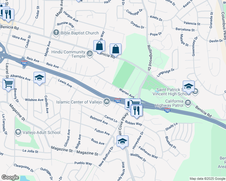 map of restaurants, bars, coffee shops, grocery stores, and more near Warren Avenue in Vallejo