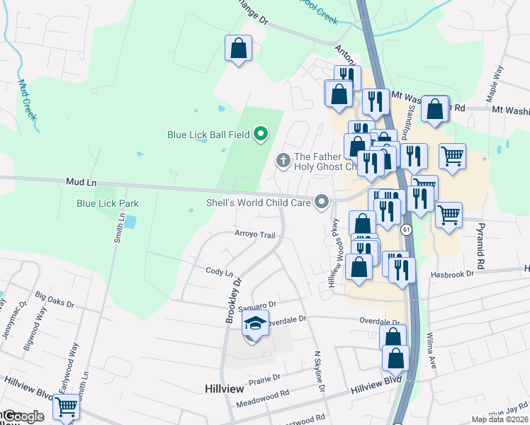 map of restaurants, bars, coffee shops, grocery stores, and more near 4701 Arroyo Trail in Louisville