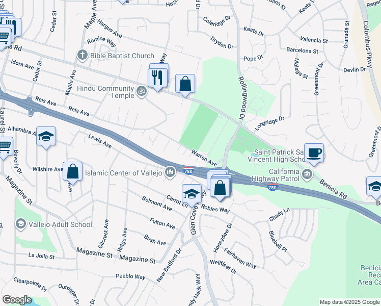 map of restaurants, bars, coffee shops, grocery stores, and more near 1225 Warren Avenue in Vallejo