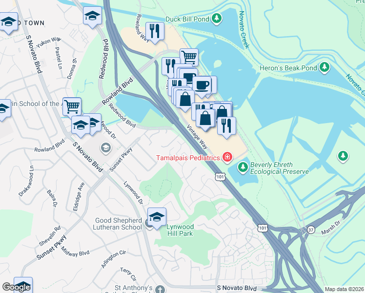 map of restaurants, bars, coffee shops, grocery stores, and more near 1263 Redwood Boulevard in Novato