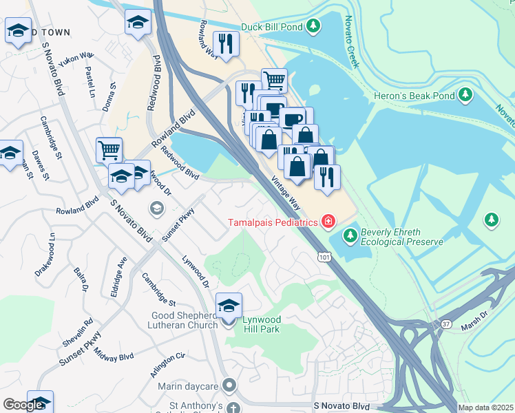 map of restaurants, bars, coffee shops, grocery stores, and more near 1259 Royal Oak Terrace in Novato